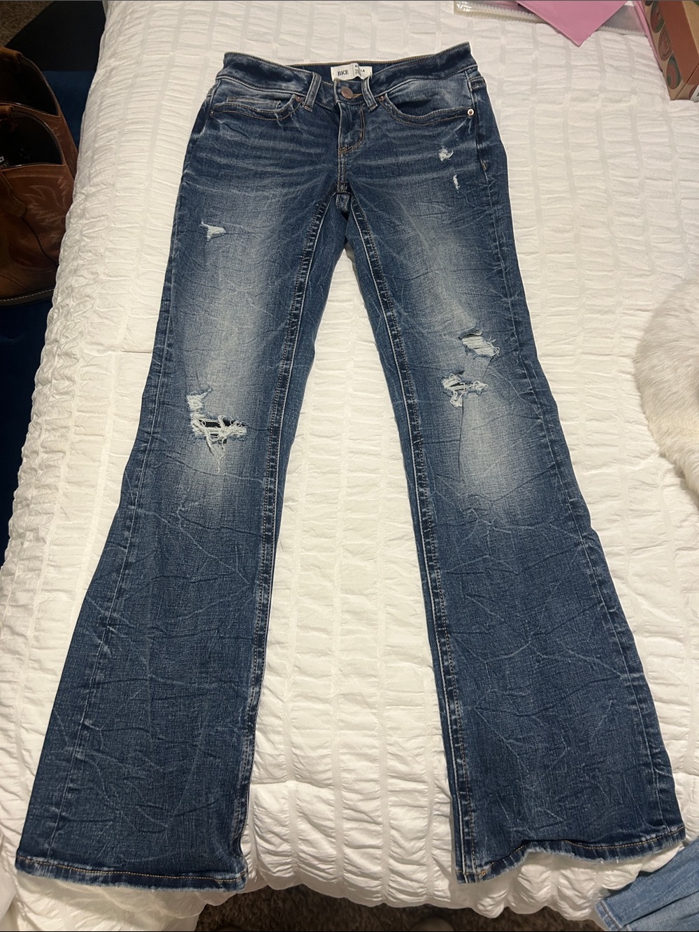 BKE Women's Distressed Flare Jeans in Dark Blue Wash